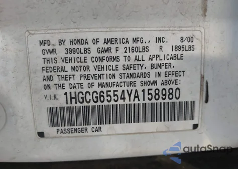 2000 Honda Accord 2.3 Lx из США, поврежденный, VIN 1HGCG6554YA158980